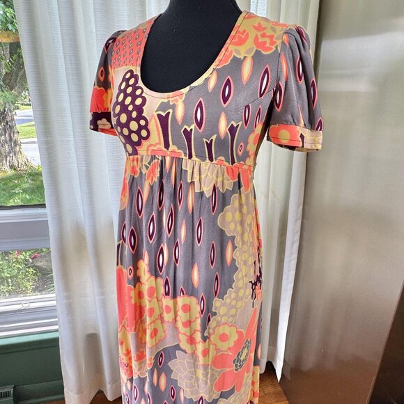 Vintage 70s dress, coral, grey, yellow floral, boho maxi with empire waist - Picture 2 of 10